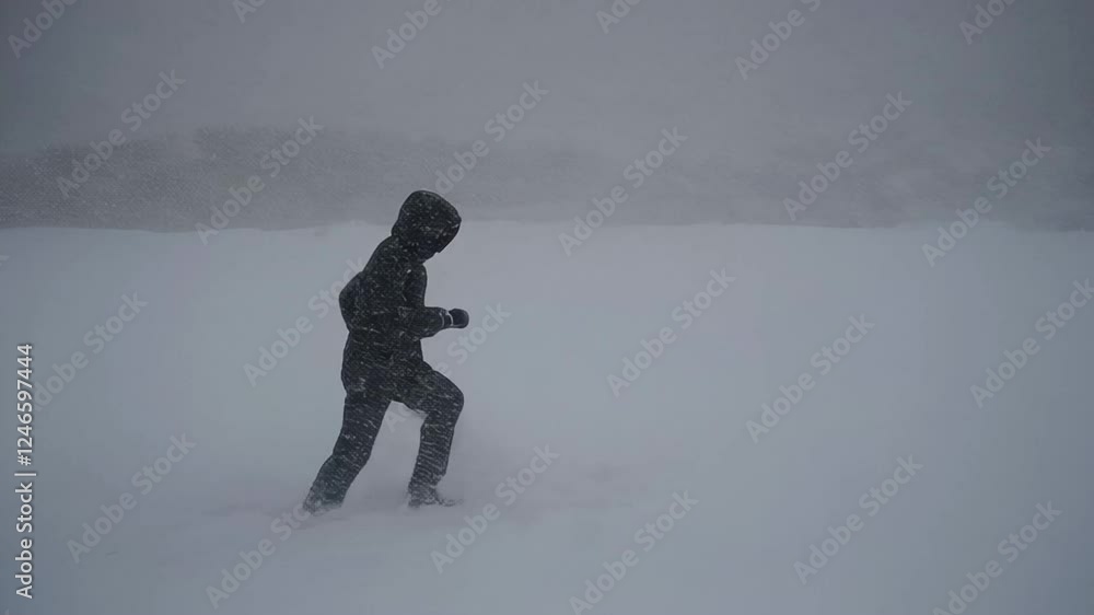 Poster winter storm unfolding with person walking through dense snowfall, trudging across white landscape w