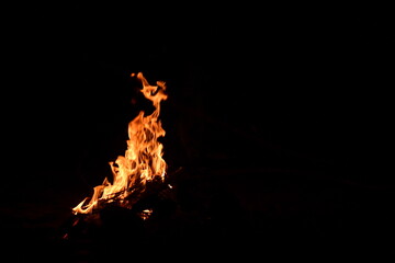 Fire flames on a black background. Burning firewood in the fireplace, close-up