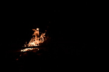 Fire flames on a black background. Burning firewood in the fireplace, close-up