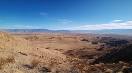 A vast desert landscape under a clear blue sky, showcasing natural beauty and tranquility.