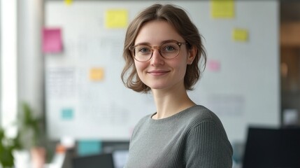 A confident young European woman smiling in a modern office. Perfect for marketing and business themes, showcasing professionalism and creativity.