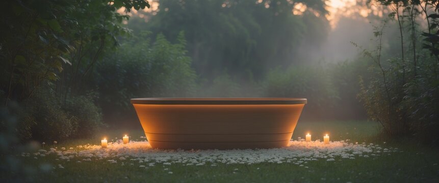 Outdoor tub with flower petals and candles in a garden setting at twilight.