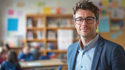 Fototapeta premium A confident European male teacher stands in a classroom, showcasing a friendly smile. The educational environment emphasizes engagement and support for students.