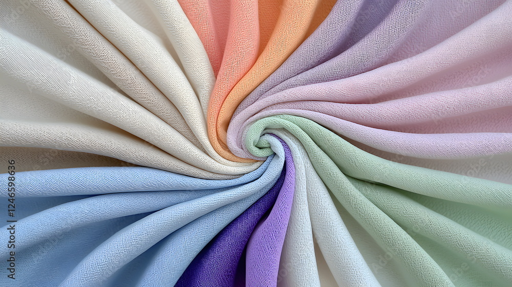 Poster soft pastel fabric swirling in a spiral pattern showcasing a range of colors and textures.