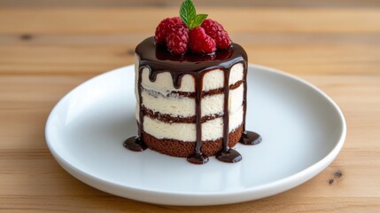 Delicious chocolate raspberry cake dessert on wooden table
