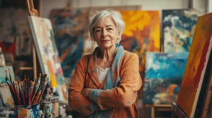 Obraz premium A confident senior female artist stands in her vibrant studio, surrounded by colorful paintings and art supplies, showcasing her talent and creative spirit.