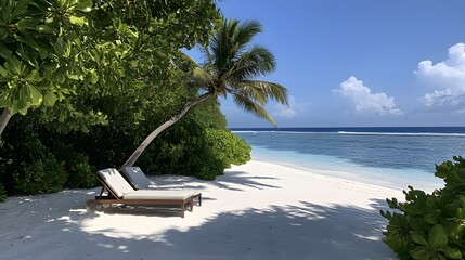Fototapeta premium A picturesque scene of the pristine white sandy beaches and lush palm trees 