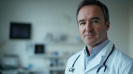 A middle-aged European male doctor stands confidently in his office, reflecting professionalism and dedication to patient care in the healthcare environment.