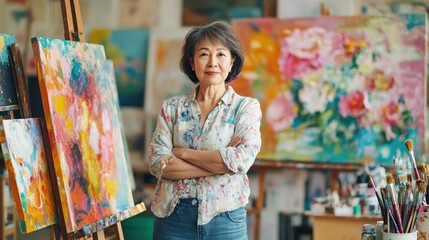 A mature Asian female artist stands confidently in her vibrant studio, surrounded by colorful artworks. Her passion for painting shines through amidst the creative chaos.
