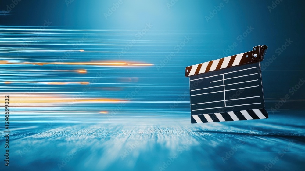Poster a minimalistic design of a clapperboard surrounded by dynamic light streaks.