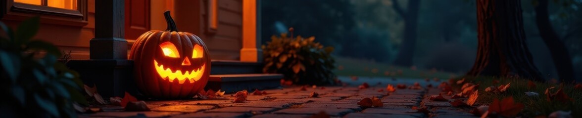 Obraz premium Glowing jack-o'-lantern, spooky porch, autumn leaves, dark night , carved, leaves