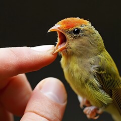 Curious Yellow Bird Feeding From Human's Finger in Close-up Shot, Showing Vibrant Feathers, Beak, and Eye Detail in Intimate Wildlife Moment