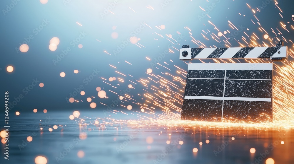 Poster a minimalistic design of a clapperboard surrounded by dynamic light streaks.