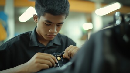 Young oriental asian man Tailor sewing at Work in clothing fashion textile atelier workshop
