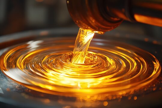 A close-up of molten glass being spun into a delicate bowl shape on a rotating tool. - Powered by Adobe