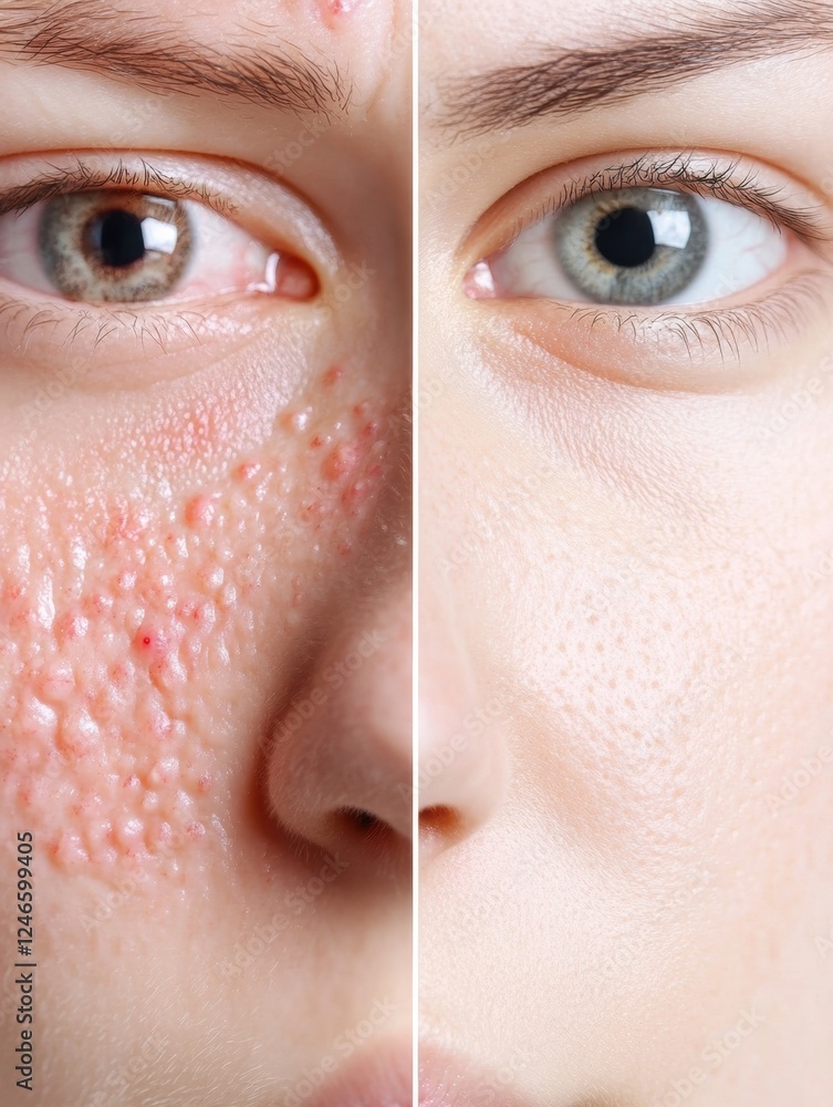 Aufkleber comparison of skin conditions showing acne and redness on one side and smooth glowing skin on the ot