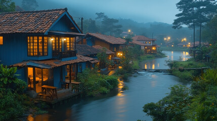 Charming blue houses by serene river at dusk, surrounded by lush greenery and soft lights reflecting on water, creating peaceful atmosphere