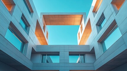 Fototapeta premium Modern geometric office building under a clear sky, showcasing innovative design and urban progress.