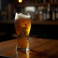 Refreshing Glass of Cold Beer, Golden Ale with Bubbles and Foam, Bubbly Lager on a Wooden Table, Classic Pint of Draft Beer. 