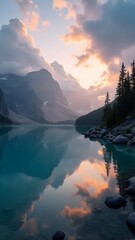 Tranquil Mountain Lake at Sunset, Stunning Natural Reflection, Wallpaper, Serene Mountain Lake at Sunset , Breathtaking Nature Landscape