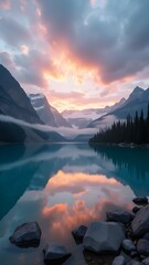 Tranquil Mountain Lake at Sunset, Stunning Natural Reflection, Wallpaper, Serene Mountain Lake at Sunset , Breathtaking Nature Landscape
