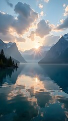 Tranquil Mountain Lake at Sunset, Stunning Natural Reflection, Wallpaper, Serene Mountain Lake at Sunset , Breathtaking Nature Landscape