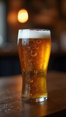 Refreshing Glass of Cold Beer, Golden Ale with Bubbles and Foam, Bubbly Lager on a Wooden Table, Classic Pint of Draft Beer. 