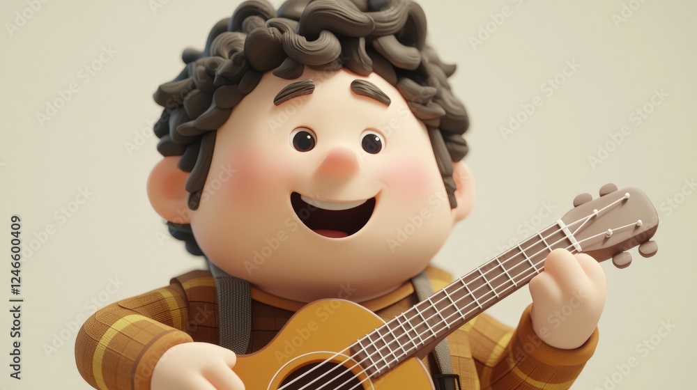 Poster cartoon character smiling and playing acoustic guitar in 3d render style, front view with playful ex