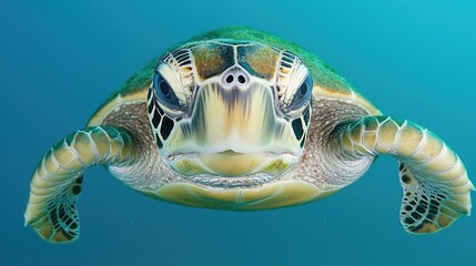 Obraz premium Sea turtle underwater close-up portrait, ocean background, marine wildlife