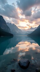 Tranquil Mountain Lake at Sunset, Stunning Natural Reflection, Wallpaper, Serene Mountain Lake at Sunset , Breathtaking Nature Landscape