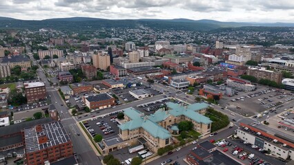 Fototapeta premium Downtown Scranton, Pennsylvania city skyline with office buildings and city streets where residents live and work known for Steamtown National Historic Site