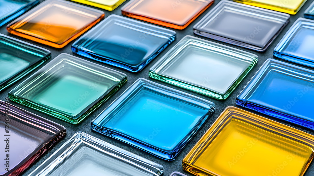 Poster colorful glass tiles arranged in a grid pattern with transparent backgrounds illuminated by soft lig