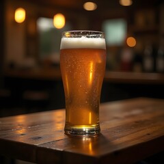 Refreshing Glass of Cold Beer, Golden Ale with Bubbles and Foam, Bubbly Lager on a Wooden Table, Classic Pint of Draft Beer. 