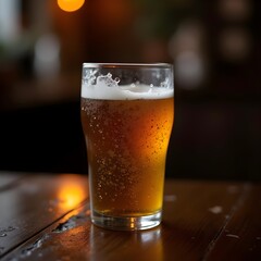 Refreshing Glass of Cold Beer, Golden Ale with Bubbles and Foam, Bubbly Lager on a Wooden Table, Classic Pint of Draft Beer. 
