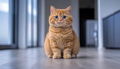 Adorable Orange Cat With Striking Blue Eyes Sitting On Light Wood Floor