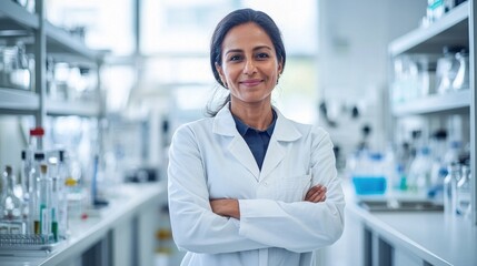 A confident middle-aged South Asian woman stands proudly in a modern laboratory. She is wearing a lab coat and smiling, embodying professionalism and expertise in science.