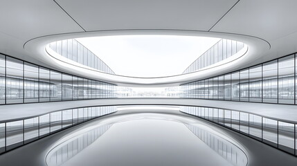 Obraz premium Modern architectural interior with large windows reflecting light on smooth surfaces