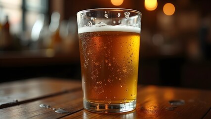 Refreshing Glass of Cold Beer, Golden Ale with Bubbles and Foam, Bubbly Lager on a Wooden Table, Classic Pint of Draft Beer. 