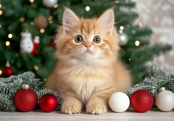 Obraz premium Adorable Ginger Kitten Amidst Christmas Ornaments and Tree