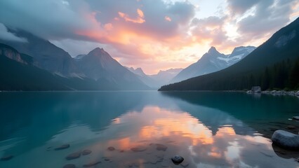 Tranquil Mountain Lake at Sunset, Stunning Natural Reflection, Wallpaper, Serene Mountain Lake at Sunset , Breathtaking Nature Landscape