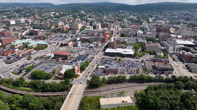 Downtown Scranton, Pennsylvania city skyline with office buildings and city streets where residents live and work known for Steamtown National Historic Site