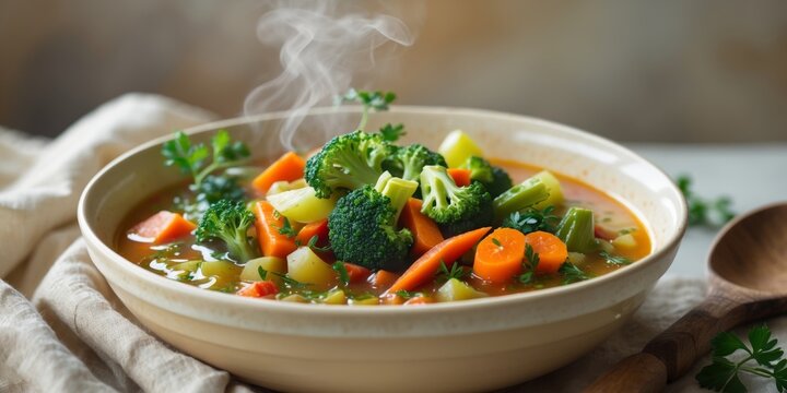 Steaming bowl of nourishing home vegetable soup.