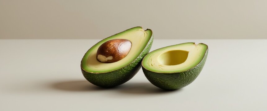 Ripe avocado sliced open on solid beige surface.