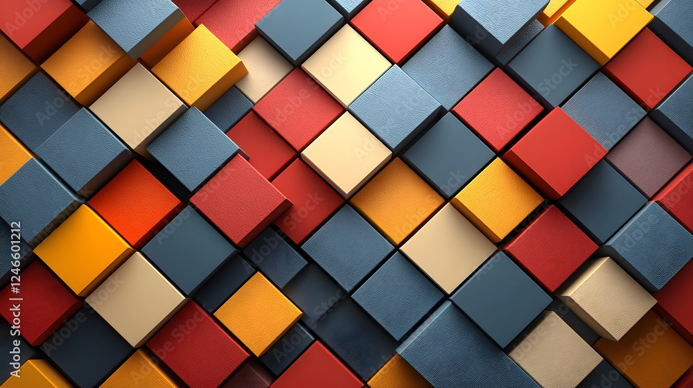Poster colorful 3d geometric cubes arranged in a dynamic pattern with various shades and tones.