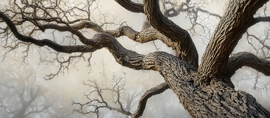 Majestic oak tree branches reaching up in a misty forest.