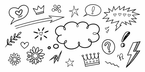 Hand-Drawn Doodle Elements Set, Arrows, Speech Bubbles, Stars, Vector Illustration