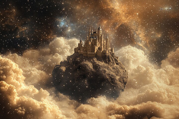 Fototapeta premium Enchanted castle on a floating asteroid amid swirling clouds in a cosmic landscape