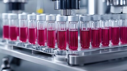 Laboratory Test Tubes with Red Liquid in a Medical Research Facility, Displaying Precision and Technology in Scientific Experiments