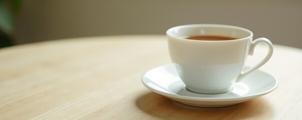 Obraz premium delicate white teacup and saucer resting on a light wooden table, gentle, wood, ceramic