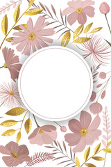 Gentle floral frame for greeting card, invitation. Empty botanical template with golden leaves and pink flowers.
